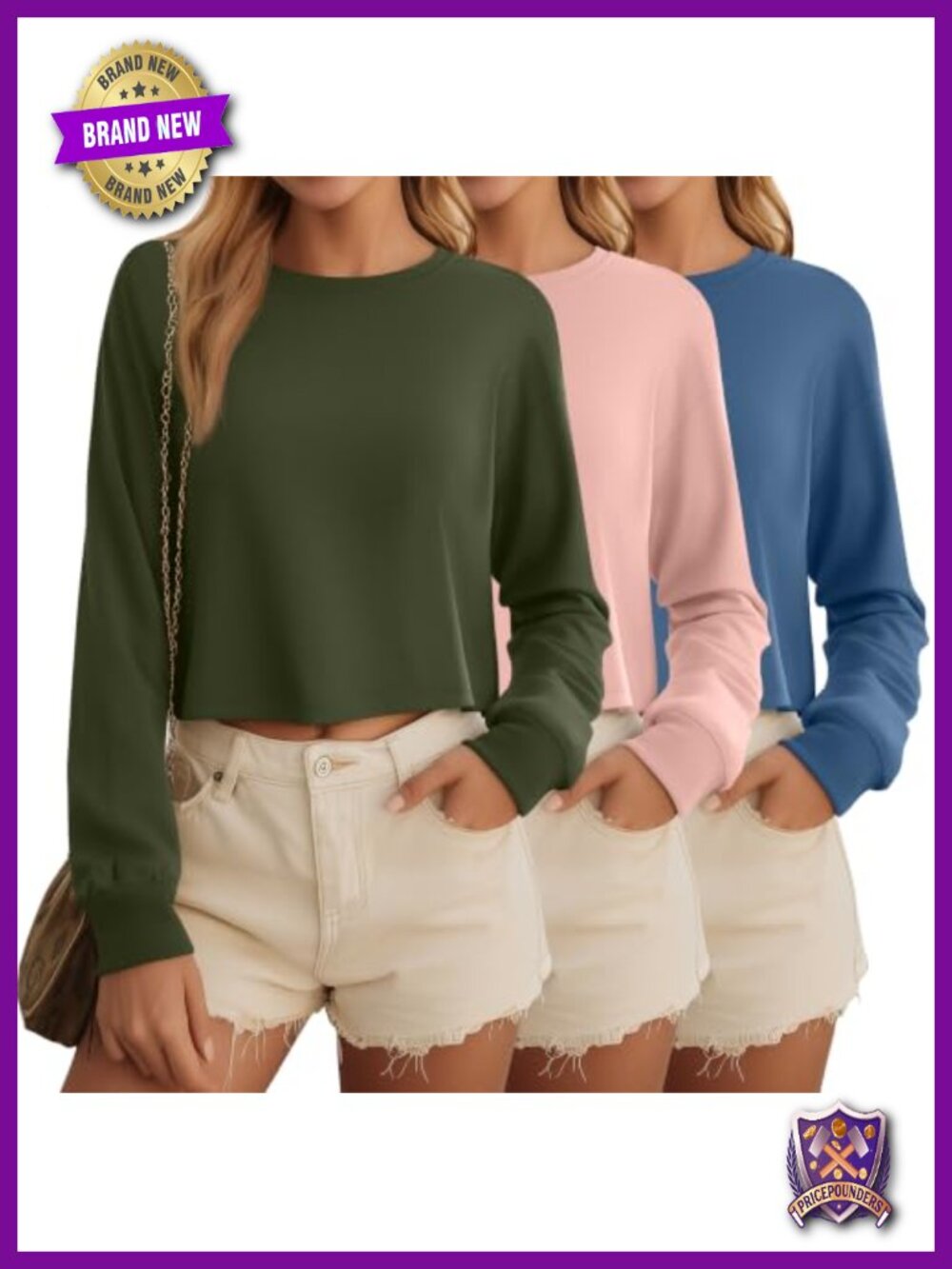 3 Pack Women's Long Sleeve Cropped Tops Cotton Spandex Crew Neck Tees